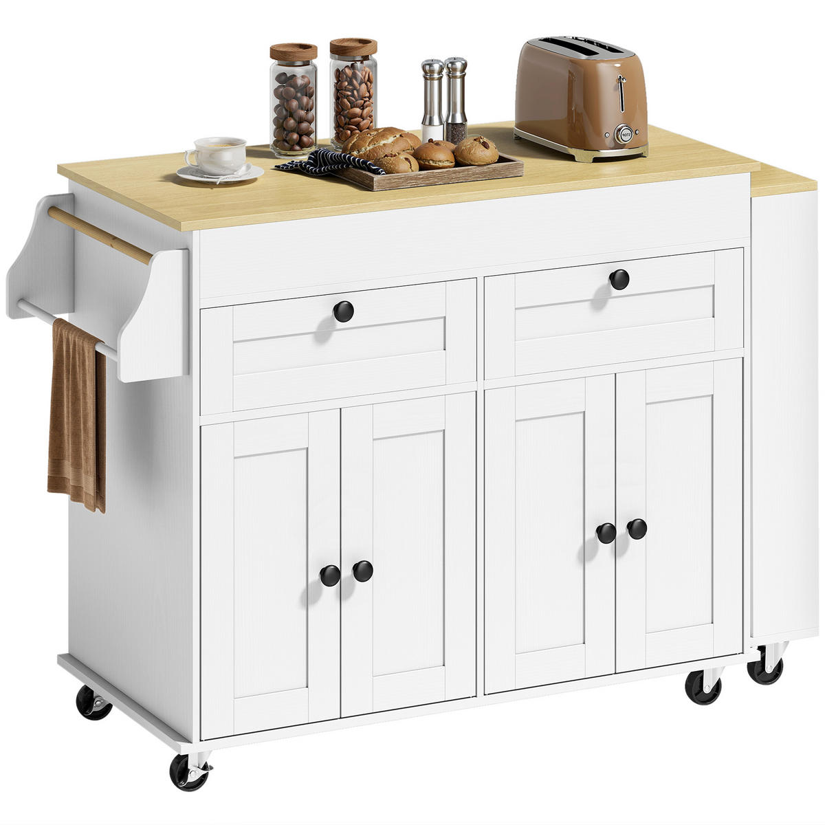KÜCHENINSEL DE-11333 Ausziehbarer Arbeitstisch mit 2 Schubladen Weiß - Weiß, Holzwerkstoff (127.2/87.8/50cm) - ComfortXL