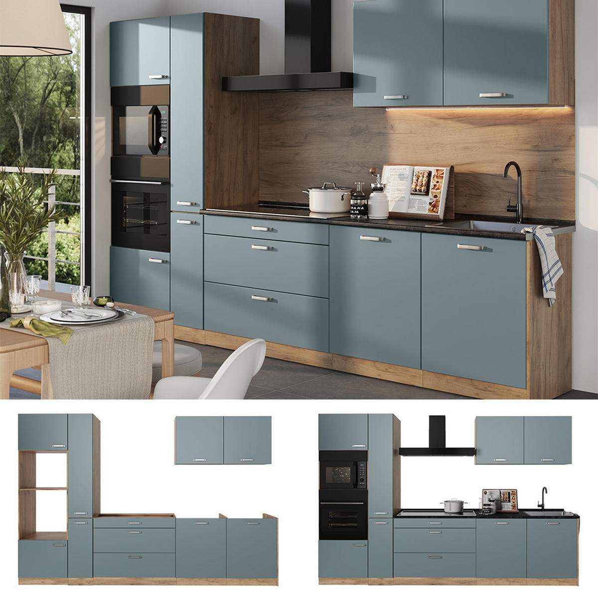 KÜCHENZEILE R-Line, Blau-Grau/Goldkraft Eiche, 310 cm Arbeitsplatte Anthrazit - Honigeiche/Blaugrau, Holzwerkstoff (310/206.8/60cm) - Vicco