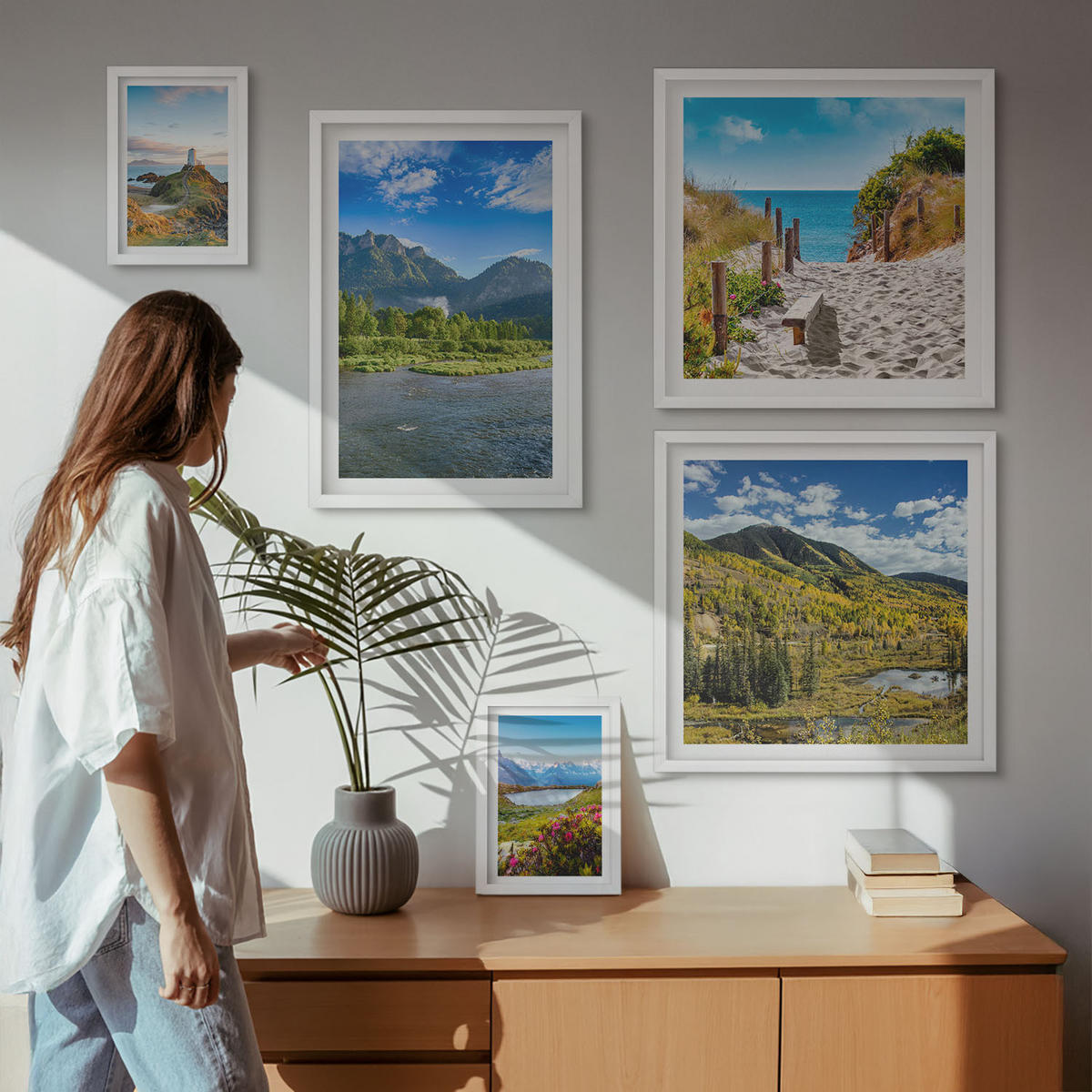 WANDBILDER 5er-Set - 50x50 cm & 20x30 cm & 40x60 cm Weißer Rahmen - See, Brücken, Berge - Weiß, Kunststoff (40/60cm) - ArtPrintCave