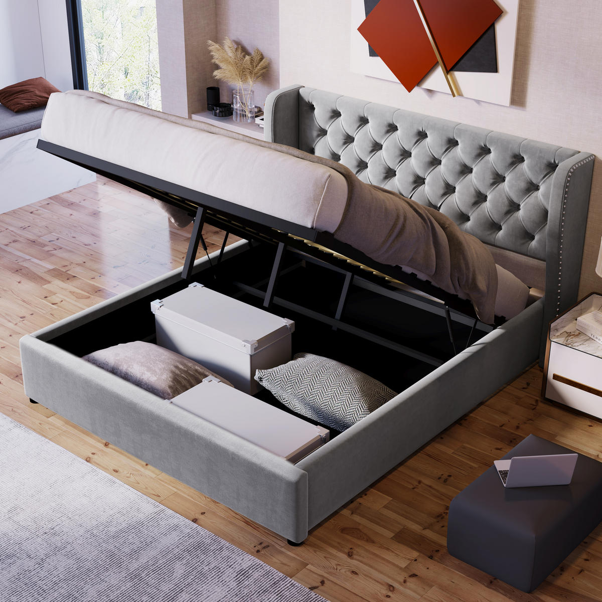 POLSTERBETT 140/200 cm Grau mit hydraulischem Bettkasten und Lattenrost - Grau, Textil (140/200cm) - OKWISH