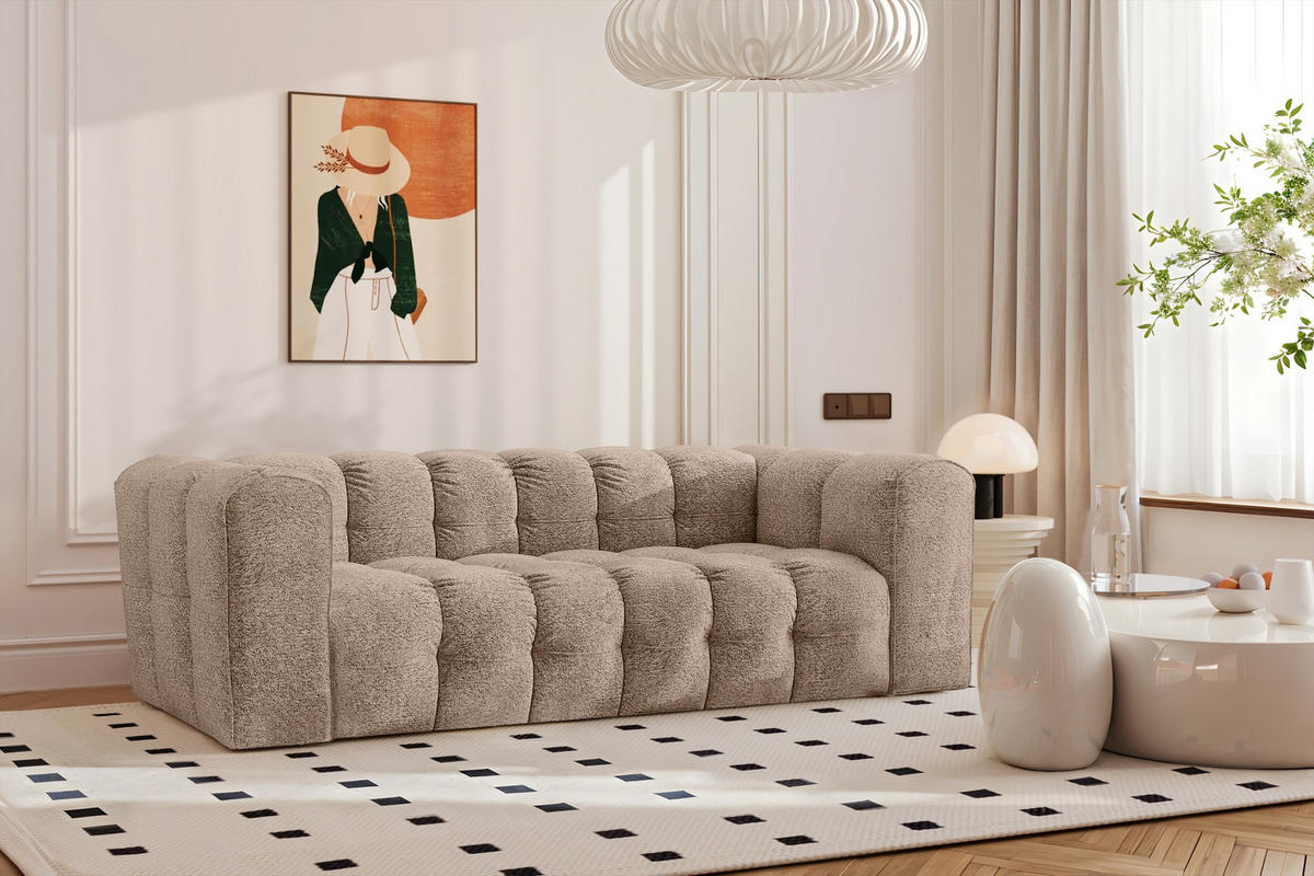 SOFA 3-Sitzer, Komfort, BALOO, Stoff Schenille & Bouclé, Dunkelbeige - Taupe, Holz (222/75/106cm) - Kaiser Möbel