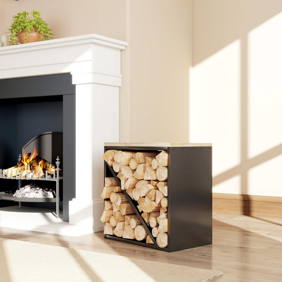 KAMINHOLZREGAL DE-10193 2-in-1 mit Trenner, 100 kg Schwarz - Schwarz, Metall (36/60/58cm) - ComfortXL