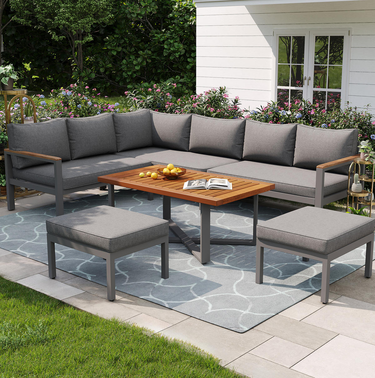 GARTENLOUNGE-SET 114/60/78,5 cm mit Tisch, verstellbaren Füßen, Holz-Tischplatte und Gestell aus verzinktem Eisen, Dunkelgrau - Grau, Metall - Redom