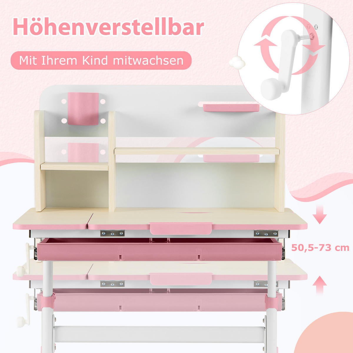 KINDERSCHREIBTISCH Höhenverstellbarer rosa - Pink, Metall (80/88/51cm) - COSTWAY
