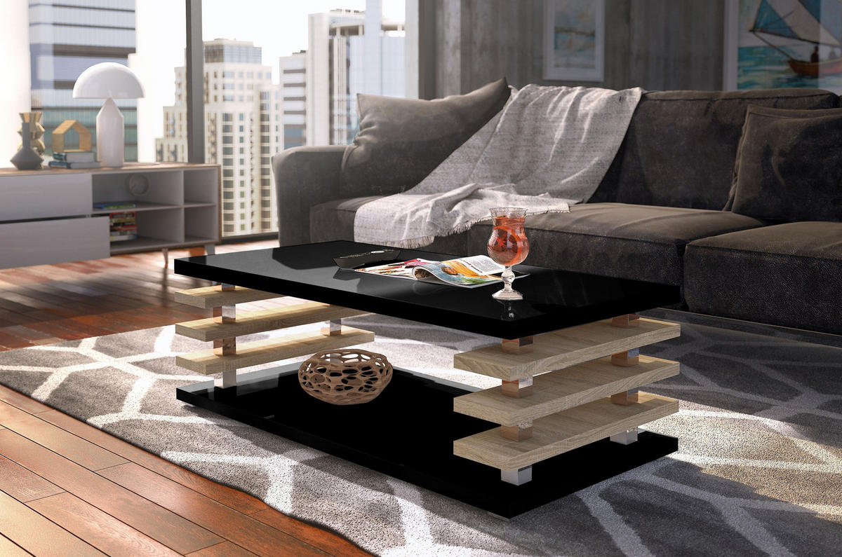 COUCHTISCH rechteckig Schwarz Hochglanz - Sonoma Ablage 120/40/60 cm - Schwarz Hochglanz/Sonoma Eiche, Holzwerkstoff (60/120/40cm) - designimpex