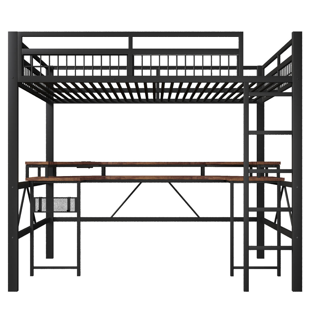 HOCHBETT 140/200 cm aus Metall mit Schreibtisch, LED-Lichtleiste und Ladeanschlüssen - Schwarz, Metall (140/200cm) - BEAOK