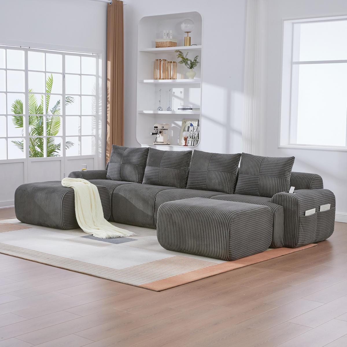 WOHNLANDSCHAFT Cord Dunkelgrau mit 2 Hockern, Cupholder und Seitentasche - Dunkelgrau, Textil (333/80/174cm) - WISHDOR