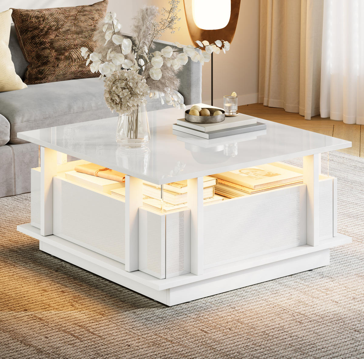 COUCHTISCH aus Spanplatte 70x70x35 cm Weiß mit 2 Schubladen, LED-Beleuchtung und Acryl-Trennelementen - Weiß, Holzwerkstoff (70/70/35cm) - IVMEU