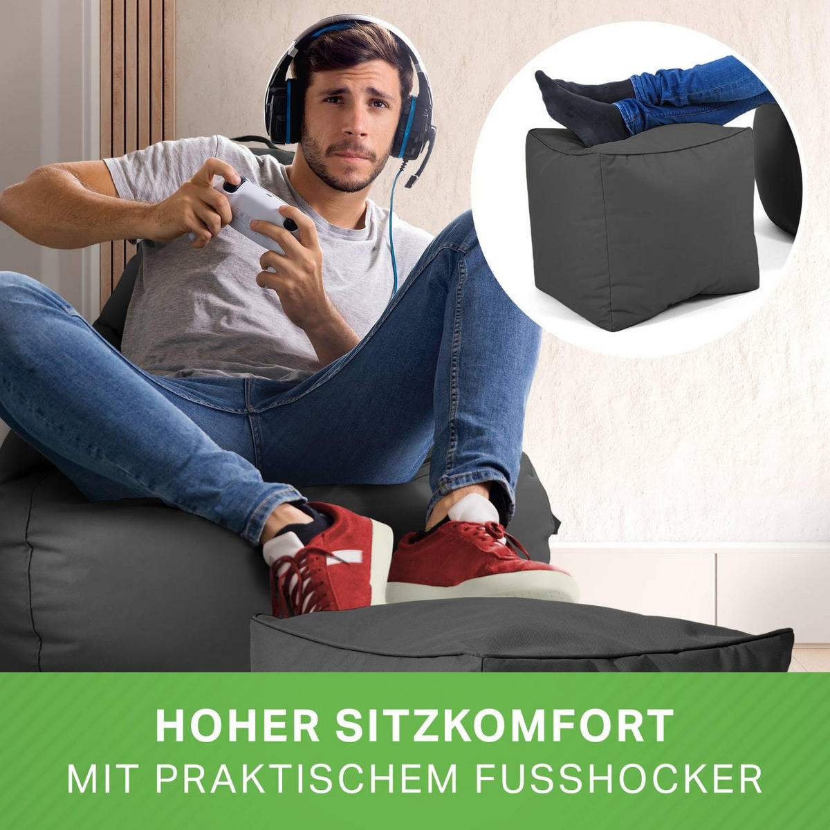SITZSACK + Hocker "Cozy+Cube" 2er Set - Anthrazit, Textil (70/90/80cm) - Green Bean