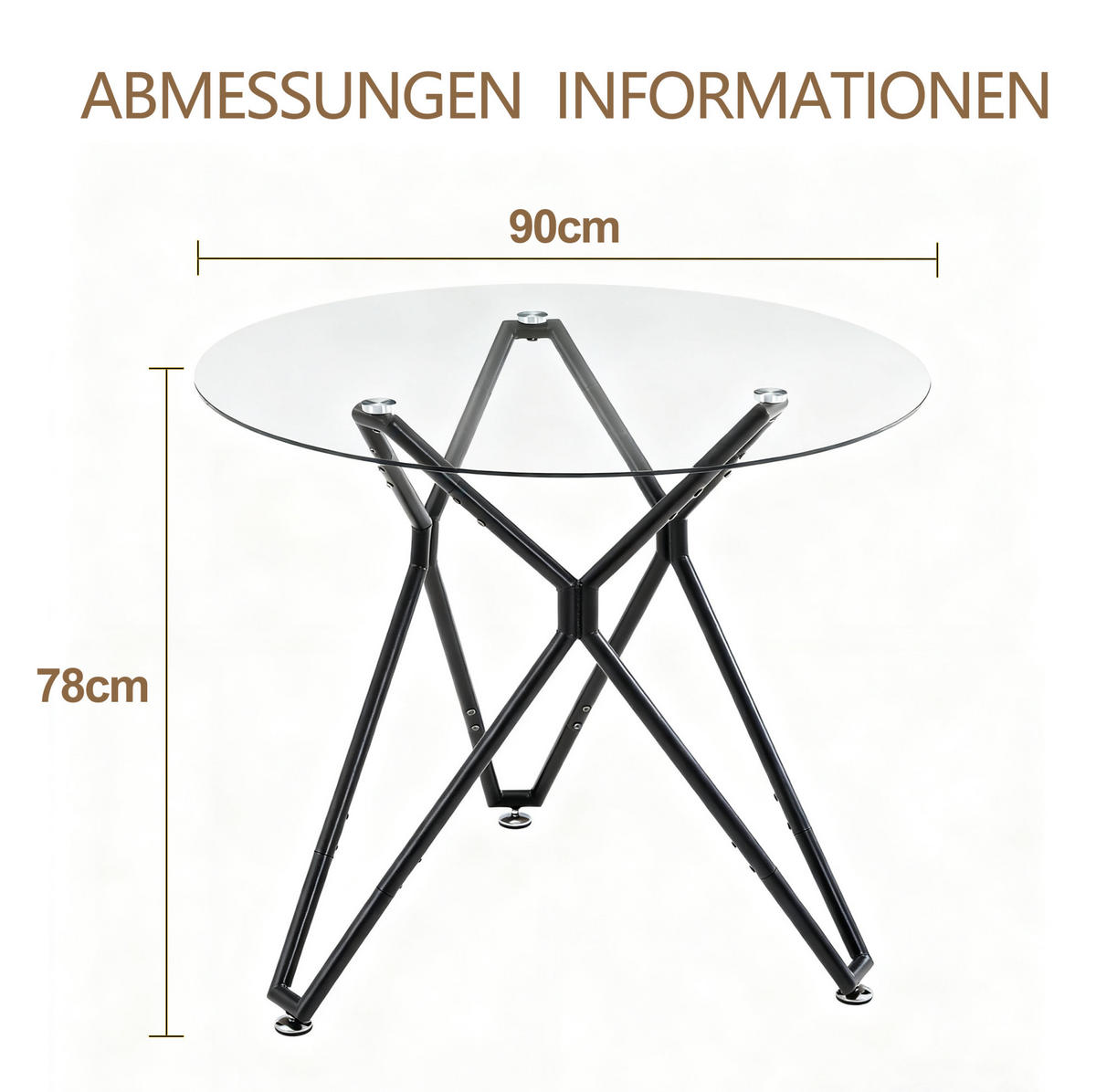 ESSTISCH aus Glas und Metall 90x90x78 cm Schwarz mit gehärteter Glasplatte und verstellbaren Füßen - Schwarz, Glas (90/90/78cm) - Modfu
