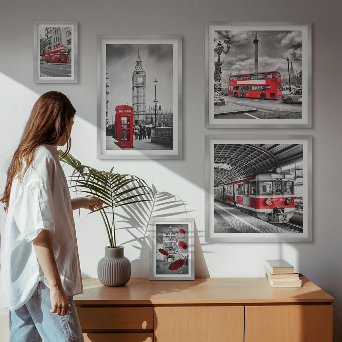 WANDBILDER 5er Set - 50x50 cm & 20x30 cm & 40x60 cm Silberner Rahmen - Tropischer Wald Papageienwasserfall - Silberfarben, Kunststoff (40/60cm) - ArtPrintCave