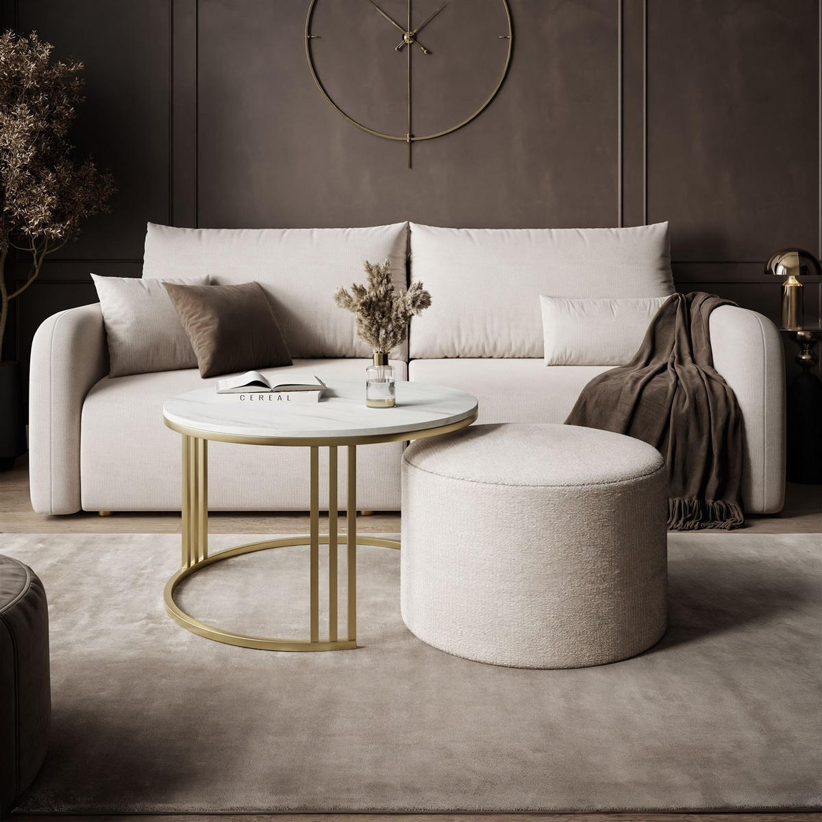 COUCHTISCH mit Hocker LORI MAT gebürstetes Gold/Marmor Levanto/Perfect Harmony 01 - Weiß, Metall (70/70/49cm) - Lookway