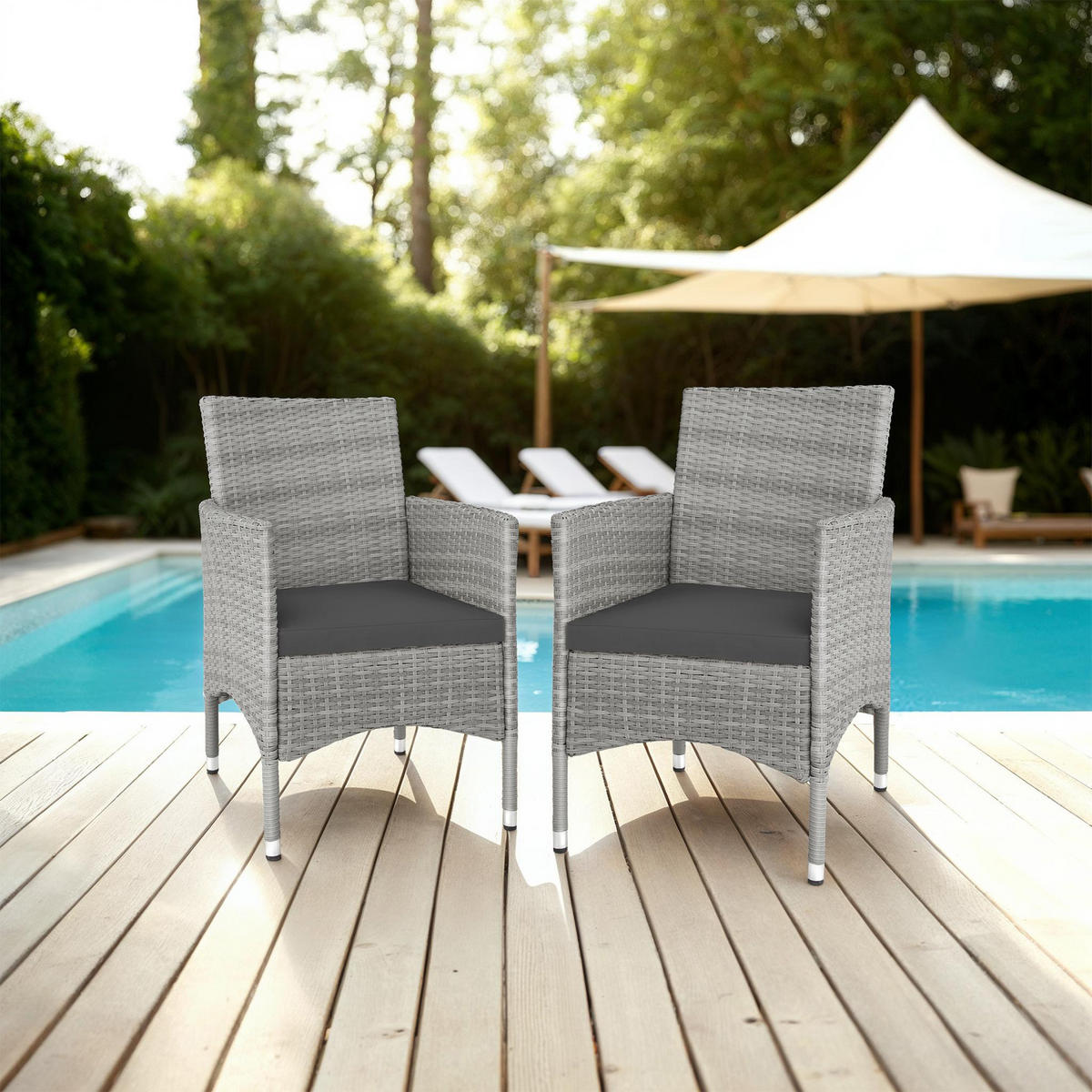 RATTANSTUHL 2er Set Nantes,59 x 57 x 85 cm,hellgrau/creme - Hellgrau/Creme, Kunststoff (57/85/59cm) - tectake