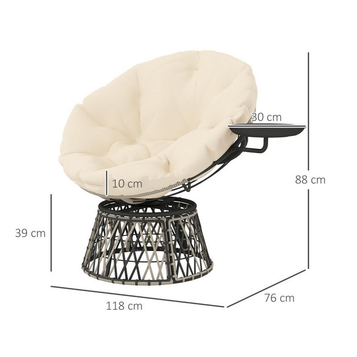 GARTENSTUHL aus Rattan 118x76x88 cm in Beige mit 360° Drehfunktion & Seitentablett - Beige, Metall (118/88/76cm) - Modfu