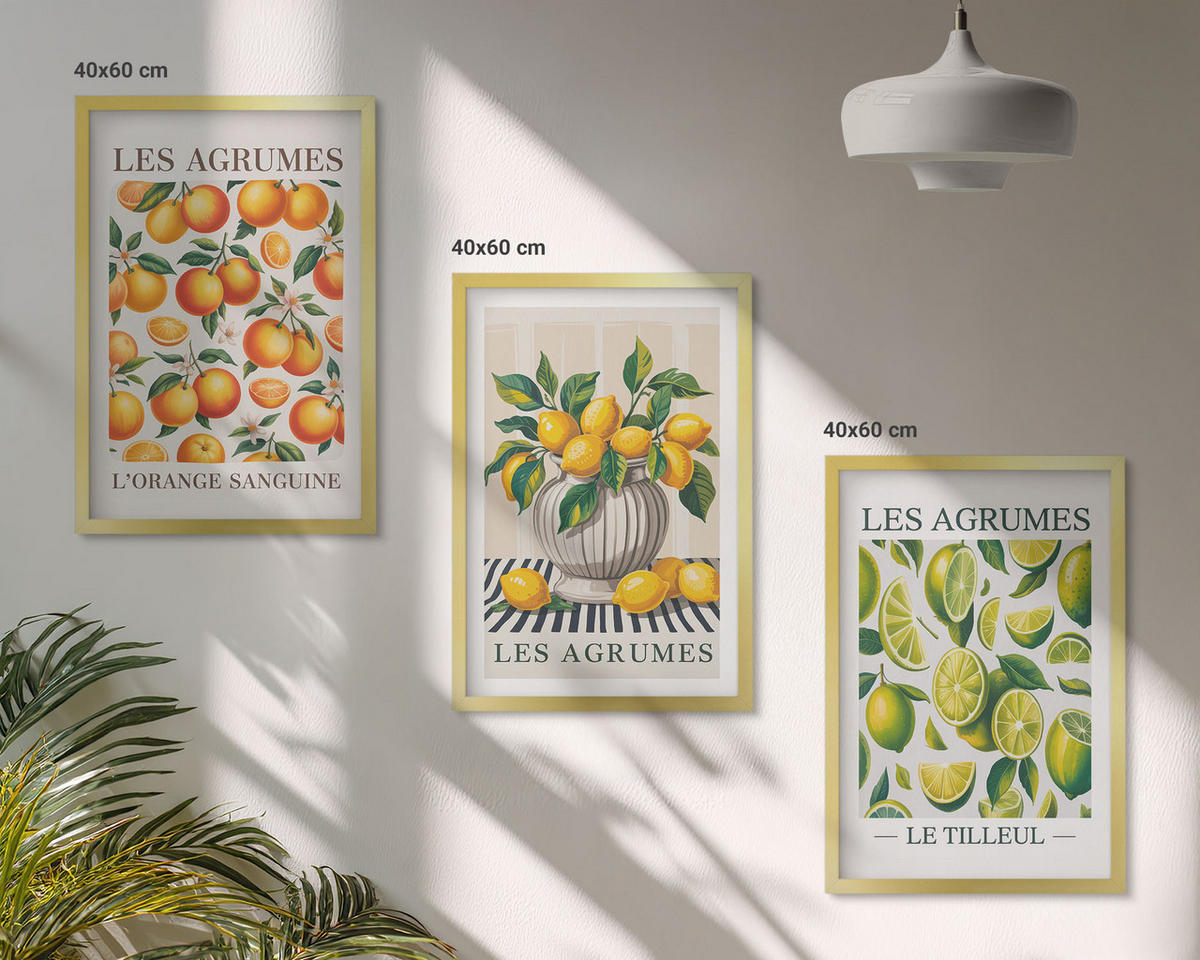 WANDBILDER 3er Set - 40x60 cm Goldrahmen - Zitrusfrüchte in farbenfrohen Varianten - Goldfarben, Kunststoff (40/60cm) - ArtPrintCave