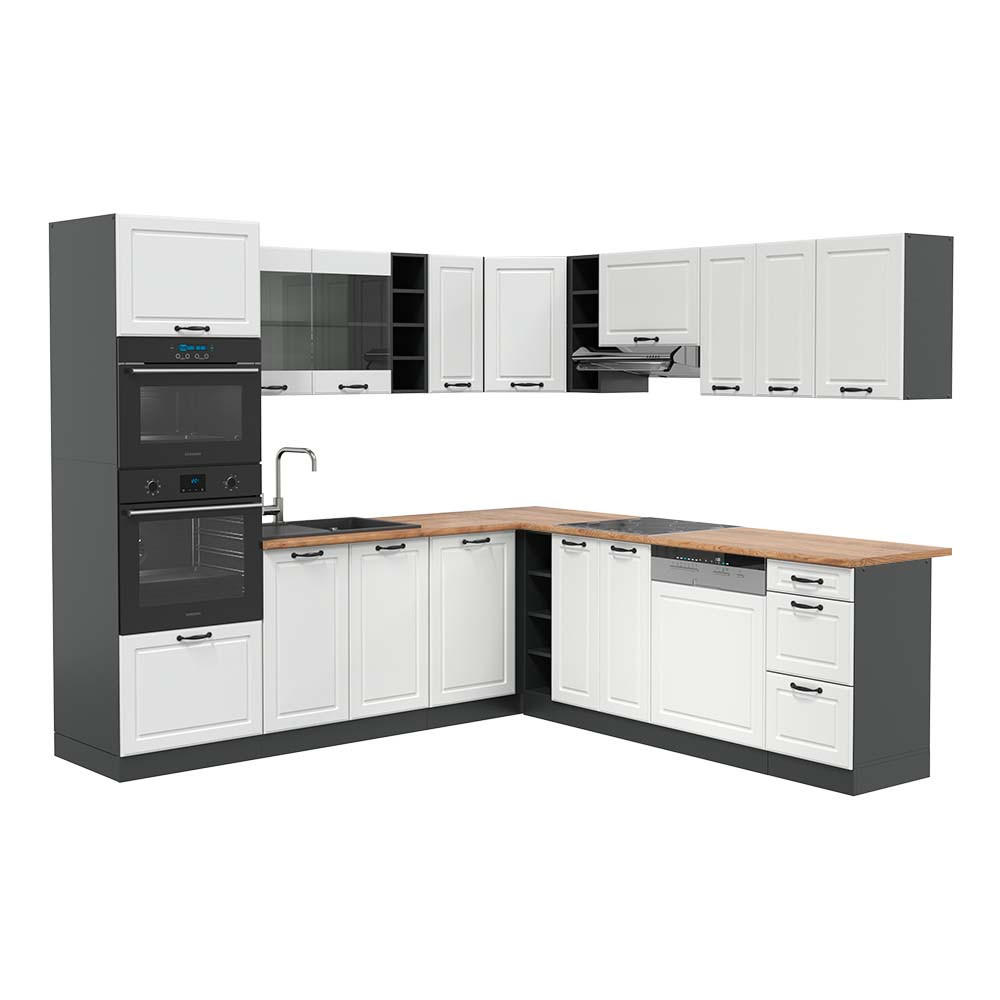 ECKKÜCHE R-Line Weiß Landhaus/Anthrazit 237 x 247 cm, AP Eiche - Anthrazit/Weiß, Holzwerkstoff (247/81.6/60cm) - Vicco