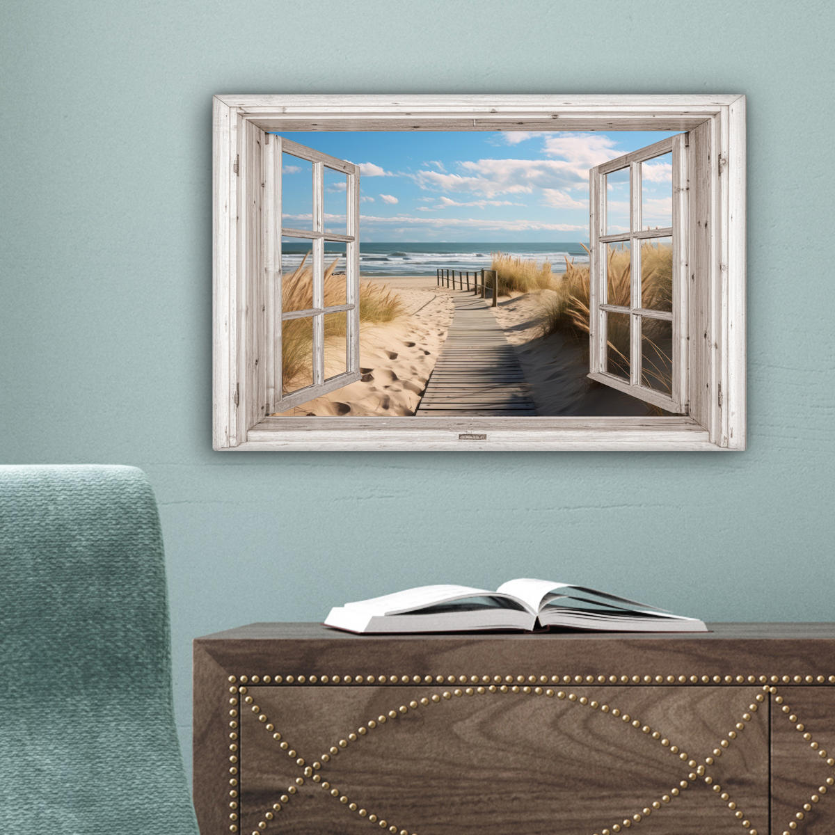 LEINWANDBILD Fenster - Meer - Küste - Natur - Ausblick - Strand - Wattenmeer 30x20 cm - Beige, Textil (30/20cm) - MuchoWow