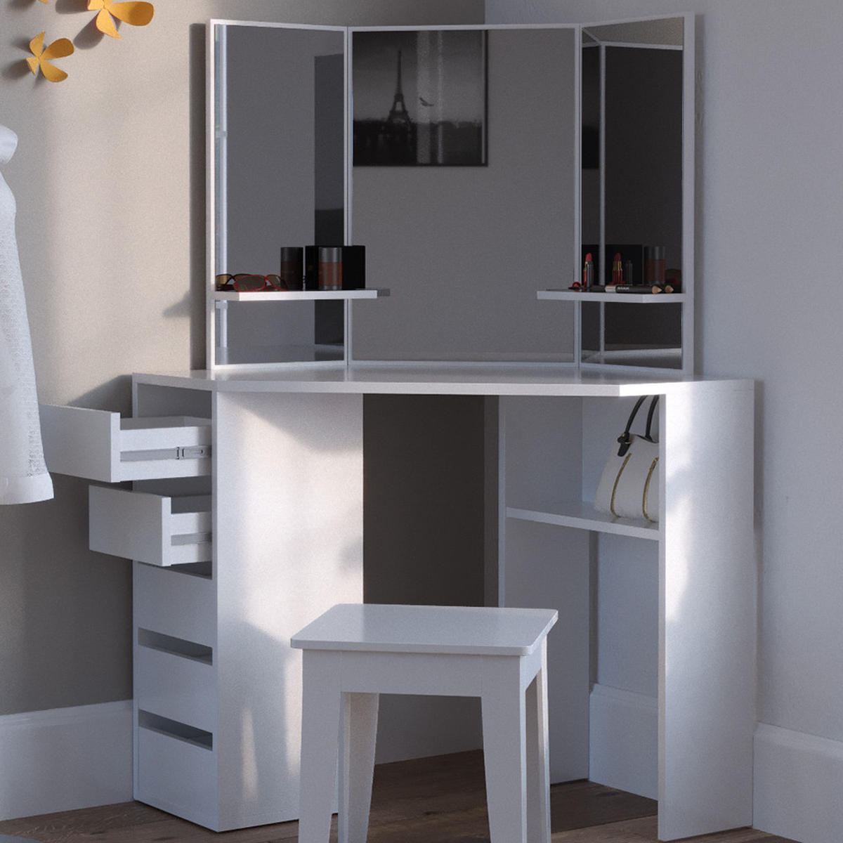ECKSCHMINKTISCH Arielle Weiß 110 cm - Weiß, Holzwerkstoff (110/141.5/54cm) - Vicco