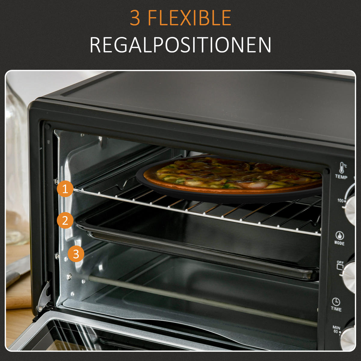 MINIBACKOFEN 21L 1400W mit 3 Kochmodi, Temperatur 100-230°C, Edelstahl Mini Ofen mit Glasfront, Schwarz Silber - Schwarz, Metall (46/29/38.5cm) - Beaface