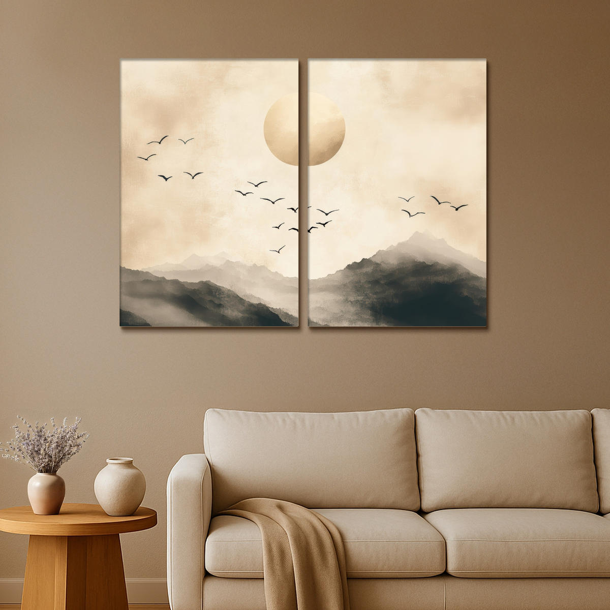 LEINWANDBILD 2er Set Landschaft - Japandi - Beige - Vögel 120x90 cm - Beige, Textil (120/90cm) - MuchoWow