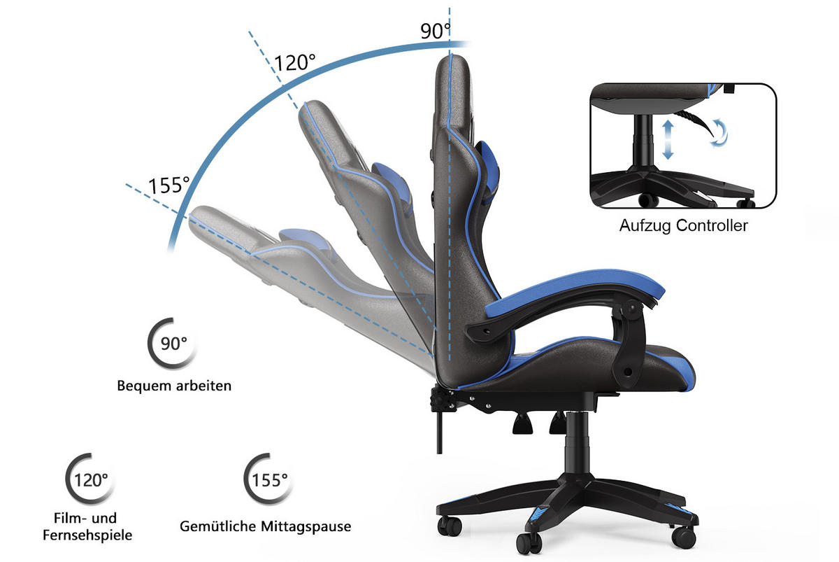 GAMING-STUHL ergonomisch, verstellbare Rückenlehne, Kissen – Blau - Blau, Leder (59/120/56cm) - Rattantree