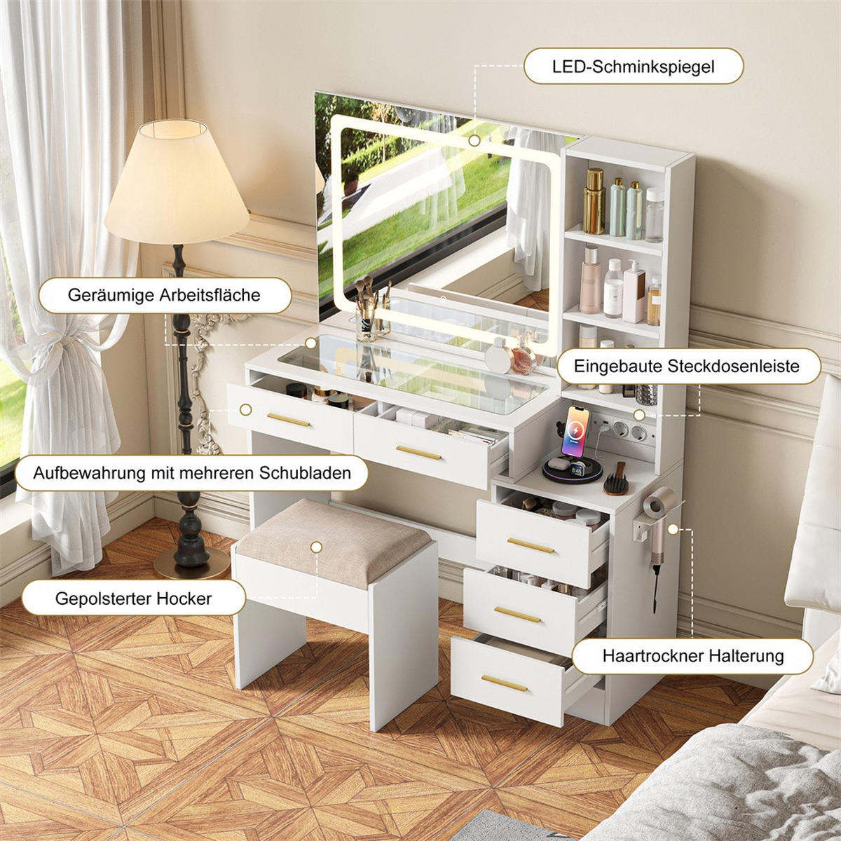 SCHMINKTISCH - Frisiertisch mit LED-Lichtspiegel und Ladestation - Glasplatte und Hocker - Weiß - Weiß, Holzwerkstoff (36/140/110cm) - DELFA