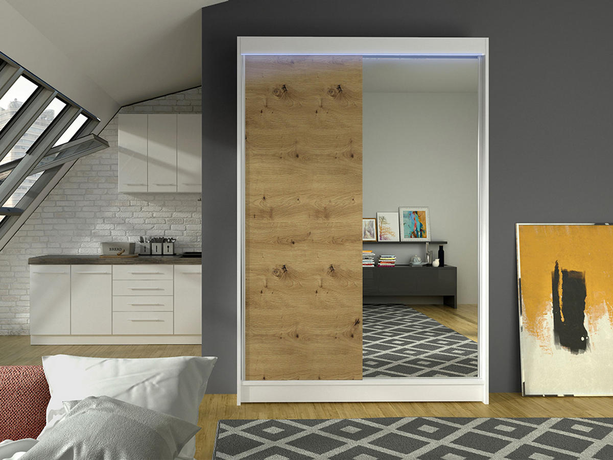SCHWEBETÜRENSCHRANK Lino I mit RGB LED Beleuchtung - Weiß/Eiche Artisan, Holzwerkstoff/Metall (120/200/58cm) - MIRJAN24