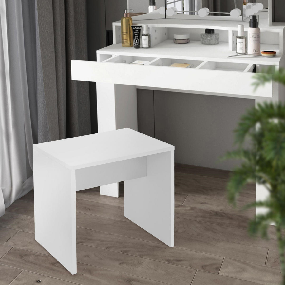 SCHMINKTISCH 90 cm Weiß mit Spiegel und Hocker - Silberfarben/Weiß, Holzwerkstoff/Kunststoff (38/138/90cm) - ML-DESIGN