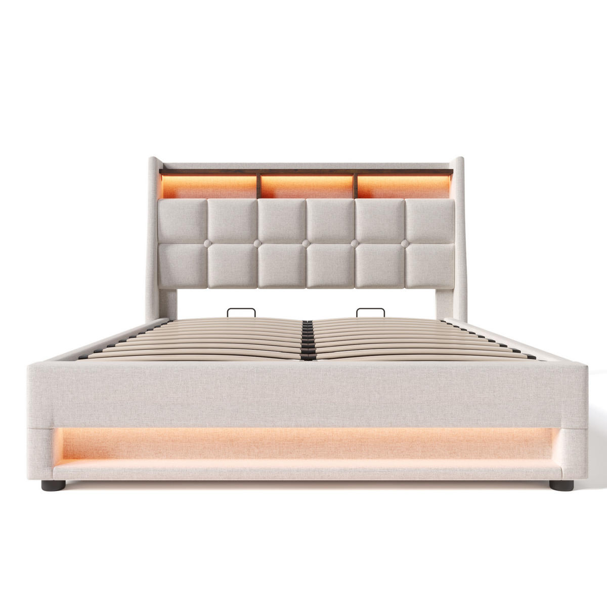 ČALOUNĚNÁ postel 140/200 cm s LED osvětlením, USB portem a úložným prostorem, Béžová - béžová, textil (140/200cm) - Redom