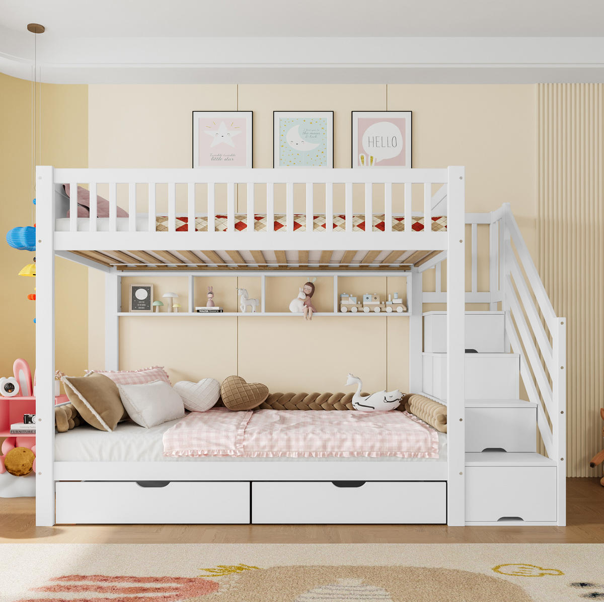 ETAGENBETT 90/200 cm in Weiß mit Kleiderschrank und Stauraumtreppe - Weiß, Holz (90/200cm) - BEAOK