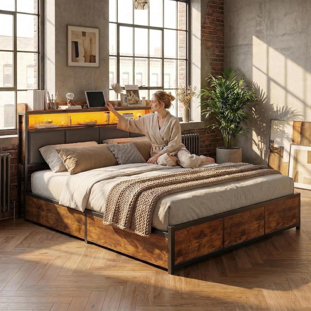 POLSTERBETT 140x200 cm mit LED-Beleuchtung und Schubladen, Bett mit Lattenrost - Schwarz/Naturfarben, Holz/Metall (140/200cm) - PARAFTA HOME