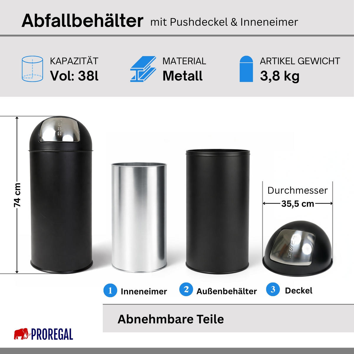 MÜLLEIMER 38 Liter mit Push Klappe Matt Schwarz - Schwarz, Metall (35.5/74/35.5cm) - PROREGAL