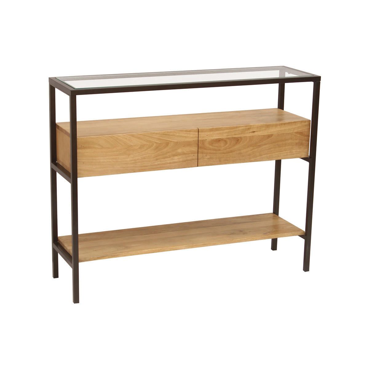 KONSOLE Massiv Mangoholz Glasplatte 2 Schubladen B100 SITA - Eiche Bianco, Holz (100/30/80cm) - Miliboo