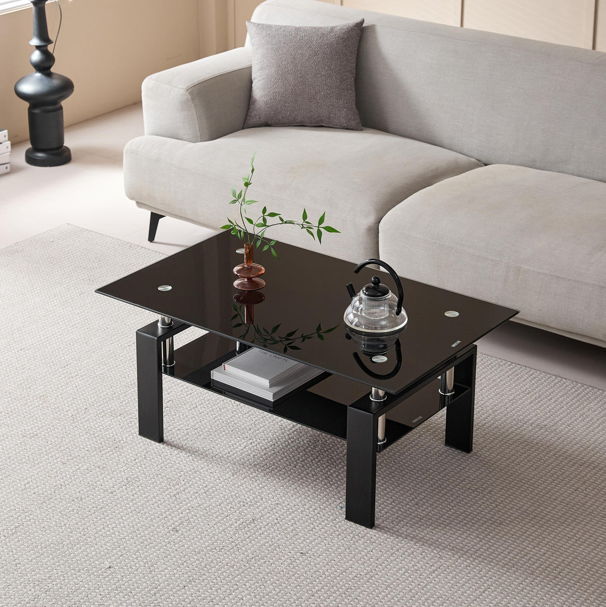 COUCHTISCH mit 2 Glasböden 100x60 cm Glas Metall Schwarz - Schwarz, Metall (100/60/44cm) - Meubliv