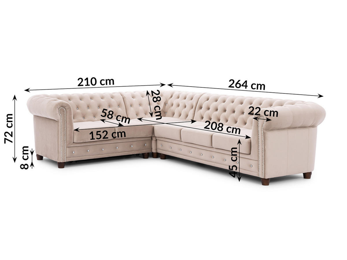 ECKSOFA mit Schlaffunktion Chesterfield Beige Samt mit Kristallsteppung und braunen Massivholzfüßen - Ottomane Links - Beige/Braun, Holz/Textil (264/210cm) - S-Style Möbel
