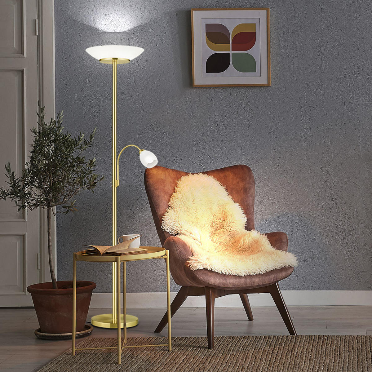 LED STEHLEUCHTE GERRY Messing Weiß - Messingfarben, Glas (34/34/180cm)