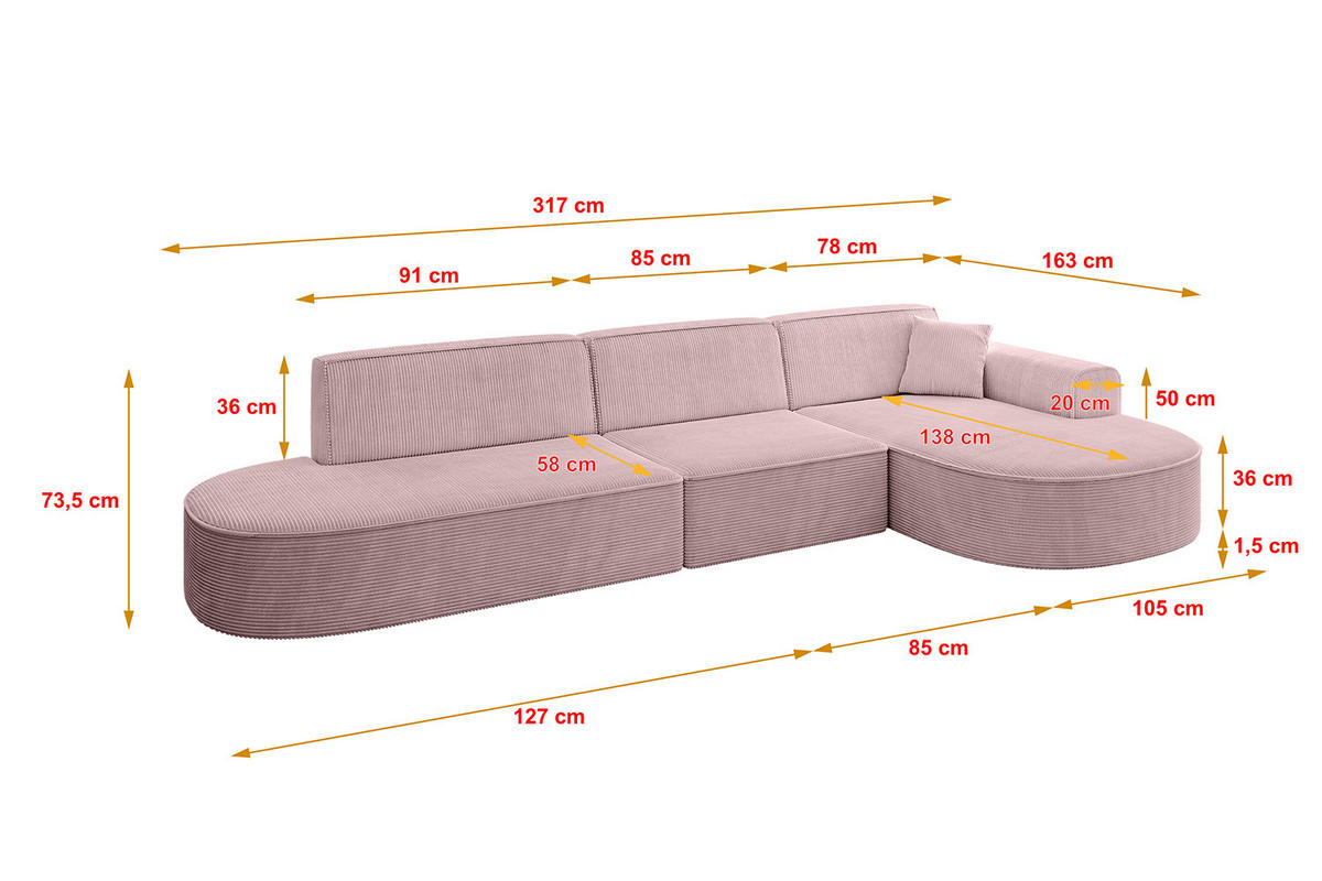ECKSOFA Ottomane Rechts MARI-L2 - 317x163x73,5 cm Rosa Cord - Schwarz/Rosa, Holzwerkstoff/Kunststoff (317/163cm) - ALTDECOR