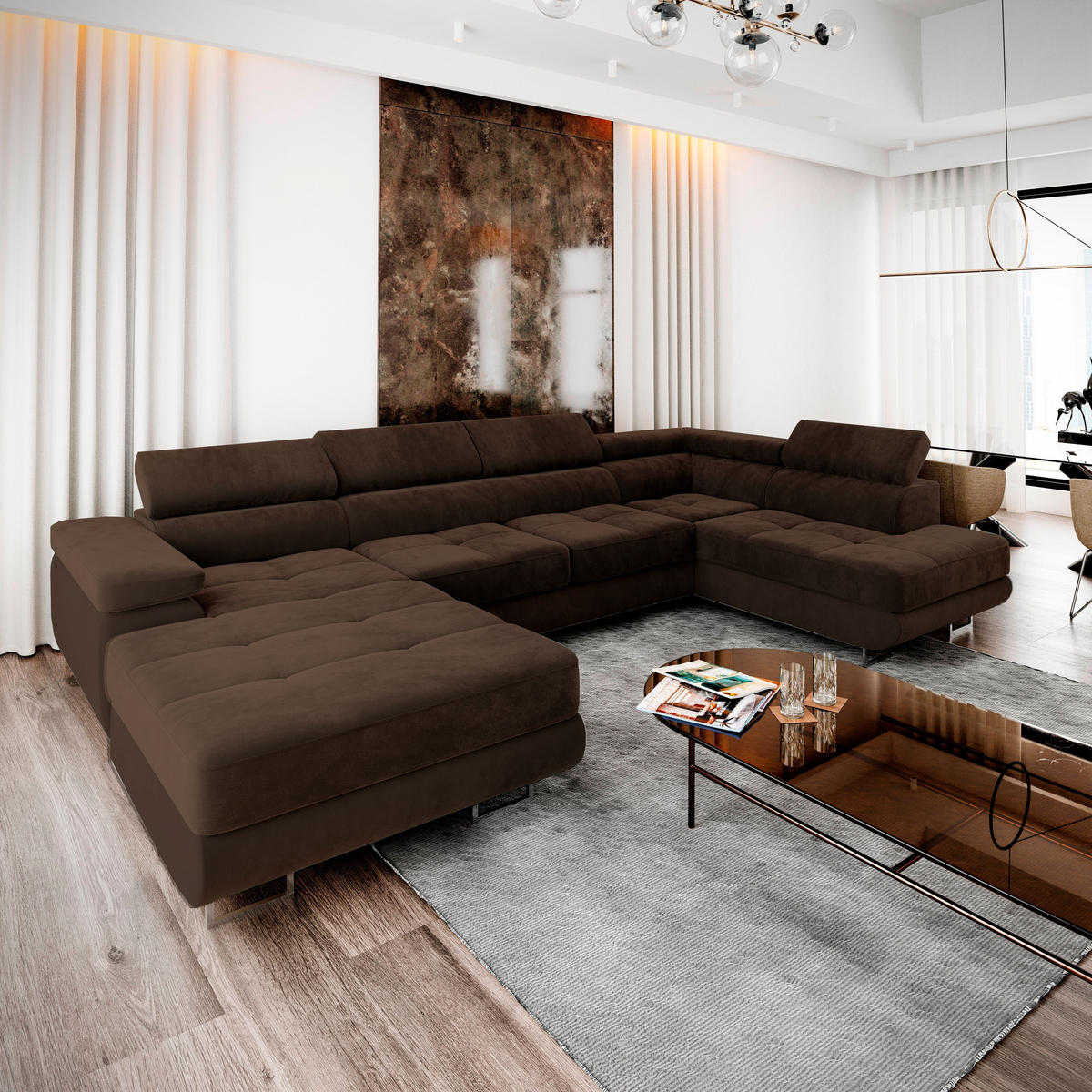 WOHNLANDSCHAFT CASONE R-S Braun Velours-Stoff mit Schlaffunktion - Braun, Holz (345/90/202cm) - MASSENO
