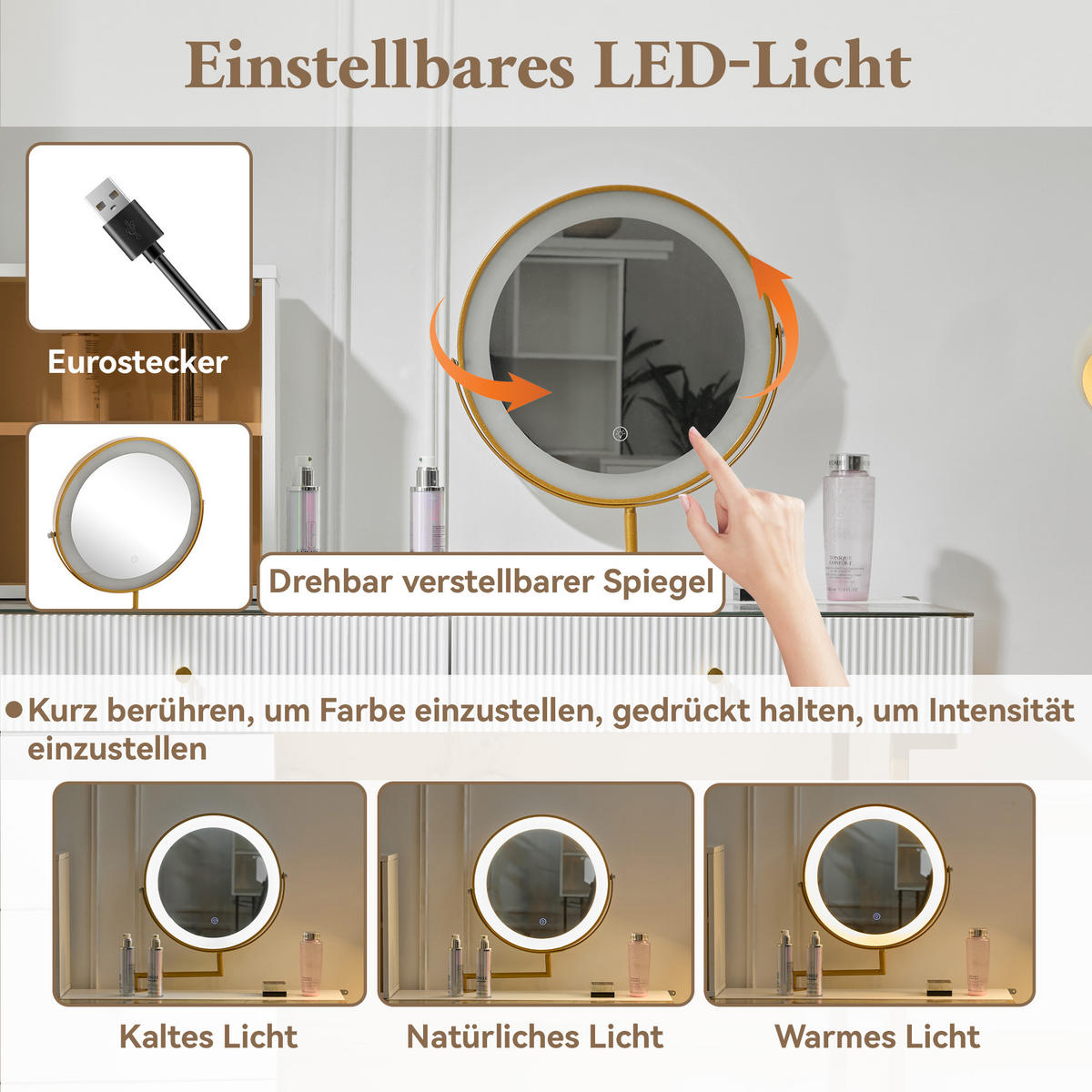 SCHMINKTISCH in Weiß Frisiertisch-Set mit LED Spiegel Glasplatte seitlichem Schrank für Schlafzimmer, B120/T45/H115cm - Transparent/Goldfarben, Glas/Holzwerkstoff (120/115/45cm) - STILVORA