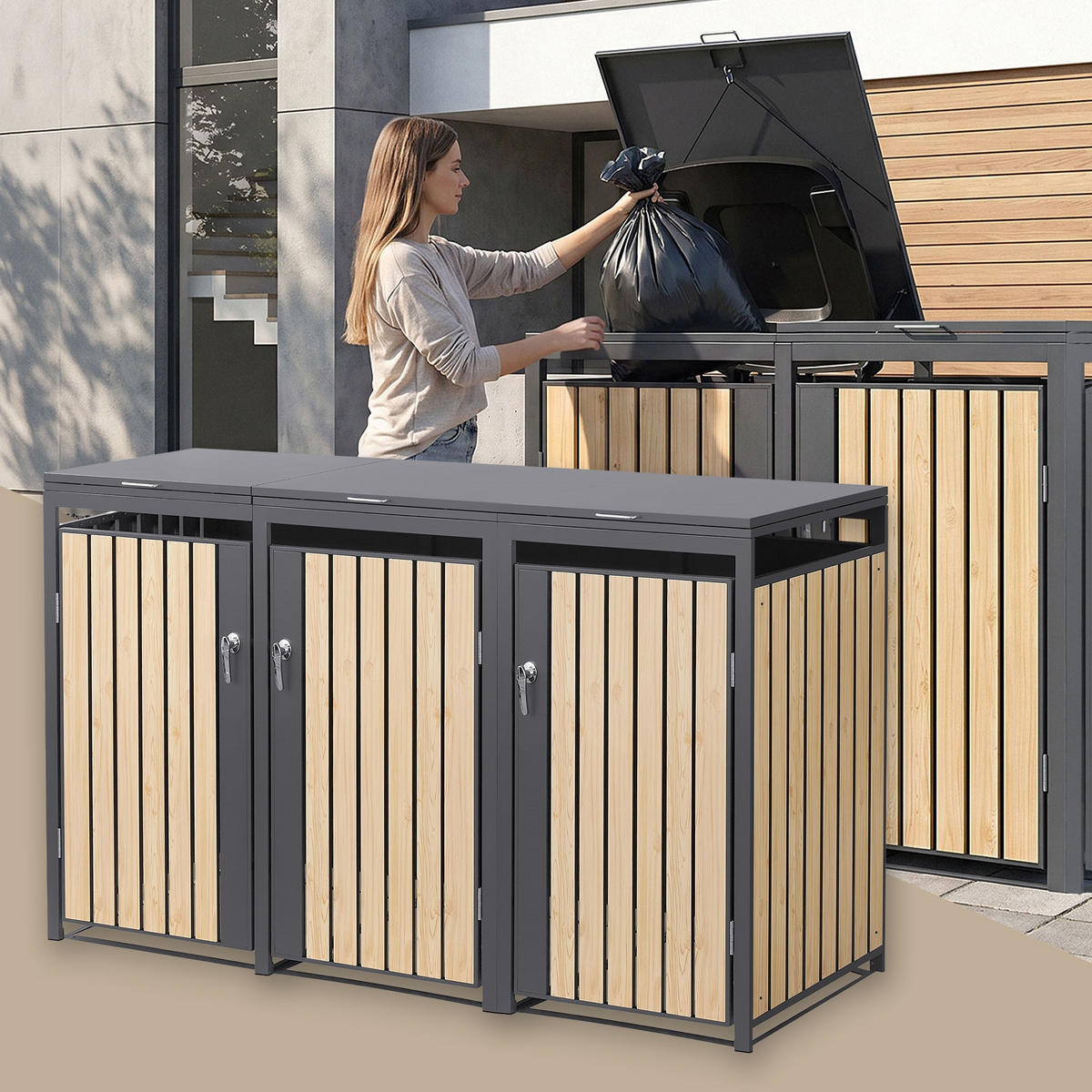 MÜLLTONNENBOX 3er Anthrazit-Lärchenoptik - Naturfarben, Metall (200/120/80cm) - ML-DESIGN