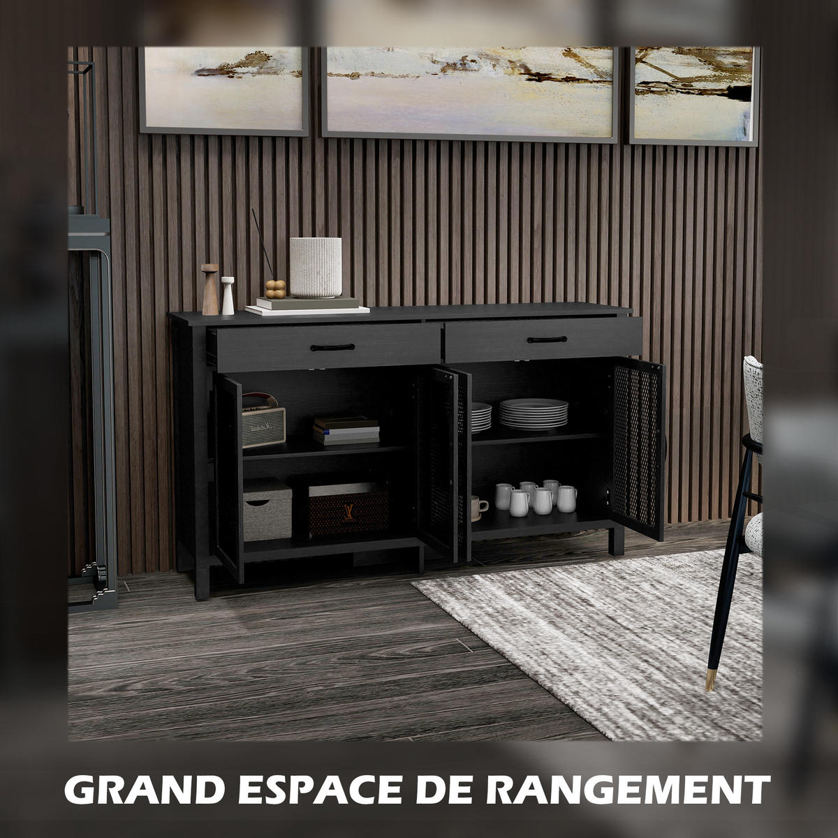 SIDEBOARD DE-11050 Industrie-Design, 4 Türen Schwarz - Schwarz, Holzwerkstoff (150/85/40cm) - ComfortXL