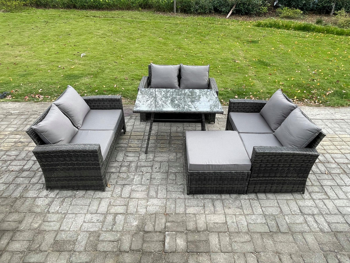 GARTENMÖBELSET mit ESSTISCH,HOCHLEHNER-SOFA Polyrattan Dunkelgrauer Mix 7-Sitzer - Dunkelgrau/Grau, Glas/Kunststoff - Fimous