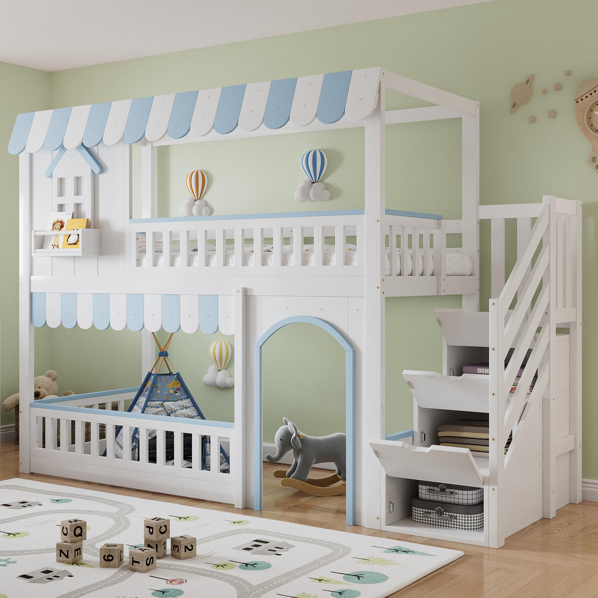 ETAGENBETT 90/200 cm mit Treppenregal, Schutzgittern und Stauraum, Kiefer/MDF, Weiß/Blau - Weiß, Holz (90/200cm) - Redom