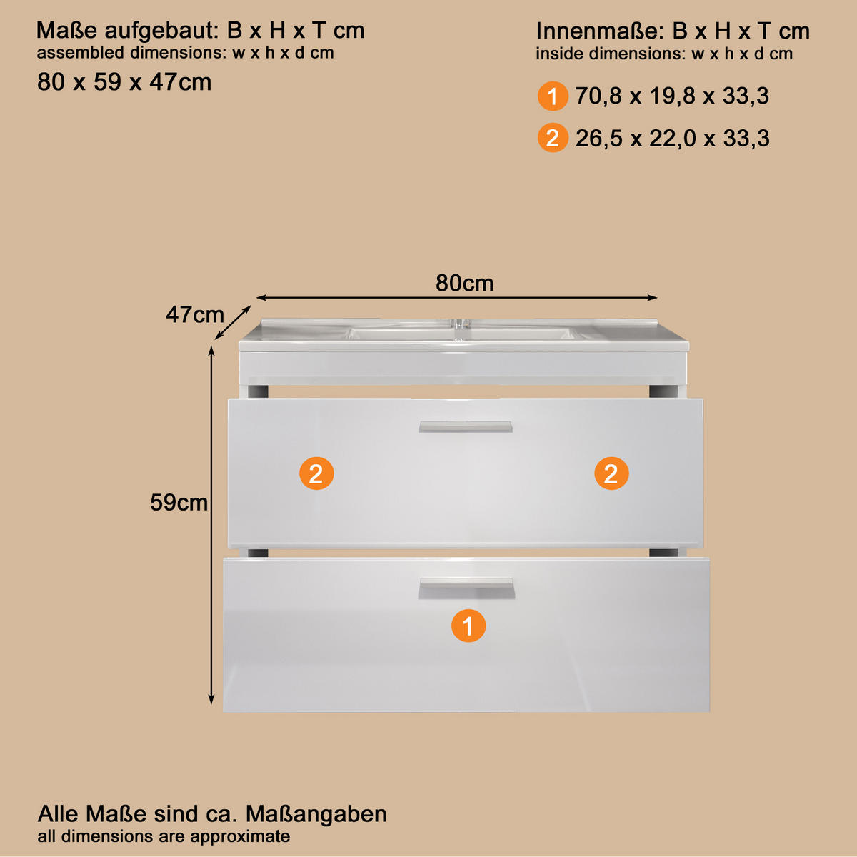 WASCHBECKENUNTERSCHRANK mit Waschbecken weiß Hochglanz, Waschtisch hängend 81 x 59 cm - Weiß Hochglanz/Silberfarben, Holzwerkstoff/Kunststoff (81/59/47cm) - Top.Furn