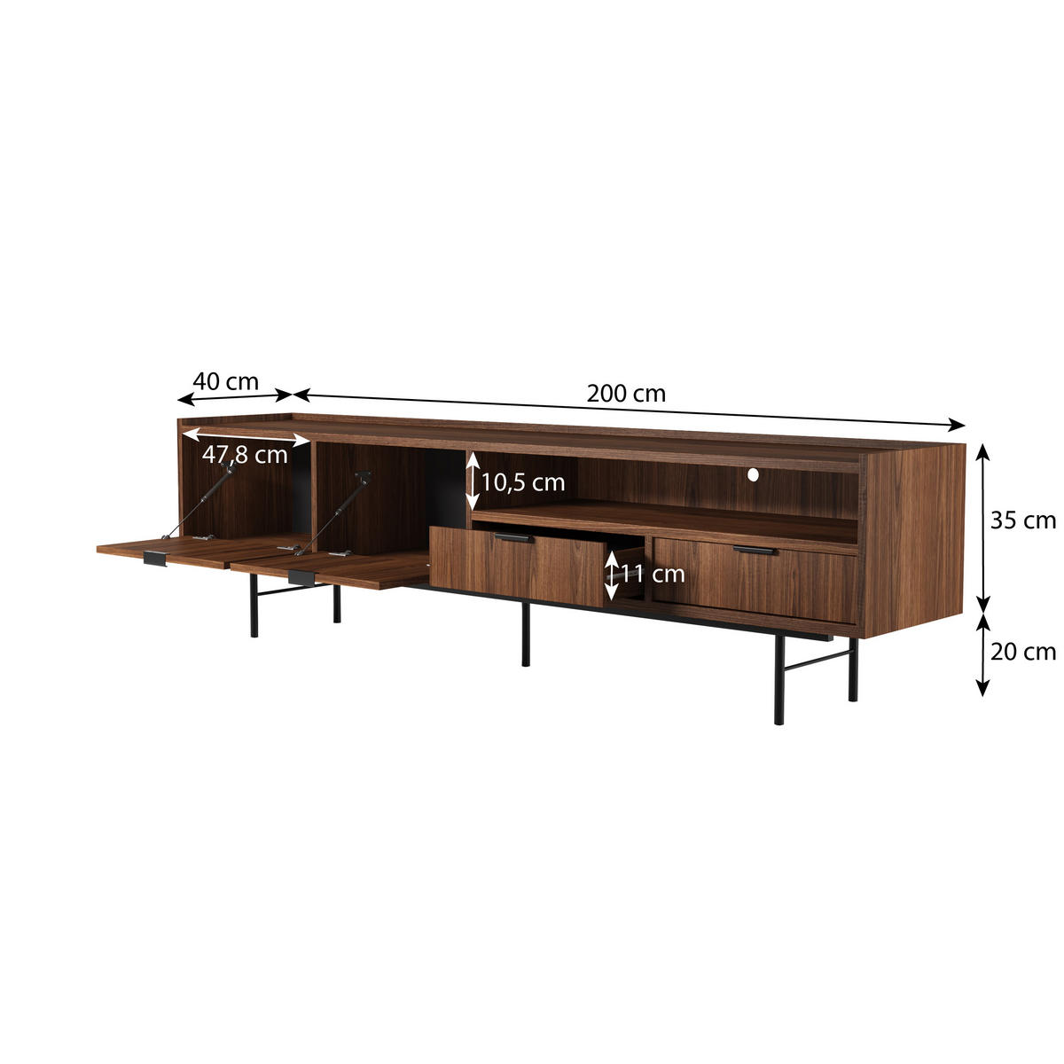 WOHNWAND Evron 2-teilig Bücherregal 90 cm + TV-Board 200 cm, Walnuss - Walnussfarben/Schwarz, Holzwerkstoff/Metall (200/185/35cm) - Beautysofa