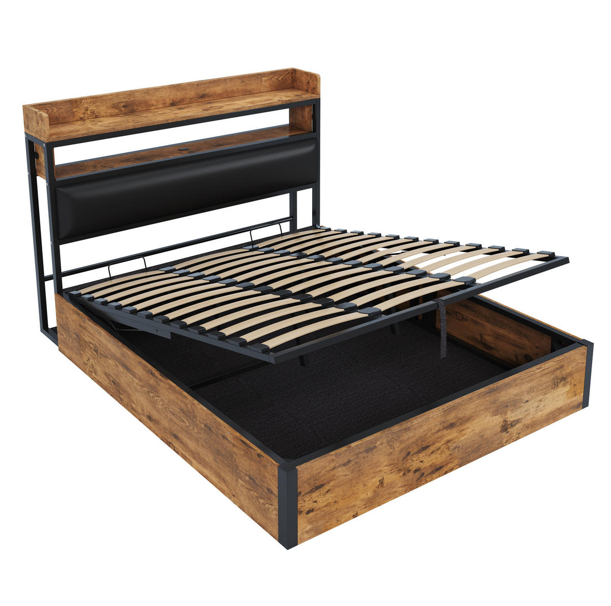 POLSTERBETT aus Metall, Stoff und MDF 180x200 cm Schwarz mit Bettkasten, USB-Anschlüssen und Kopfteilablage - Schwarz, Metall (180/200cm) - IVMEU