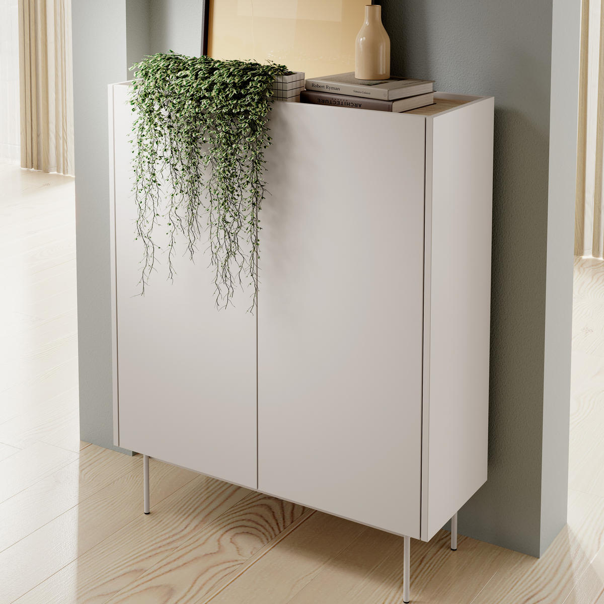 MODERNE Hochkommode LUMO KW2D (Kaschmir Matt, Eiche Linea, Metallfüße, Soft-Close) - Kaschmir/Eichefarben, Holz/Holzwerkstoff (97/122/37cm) - Ravio