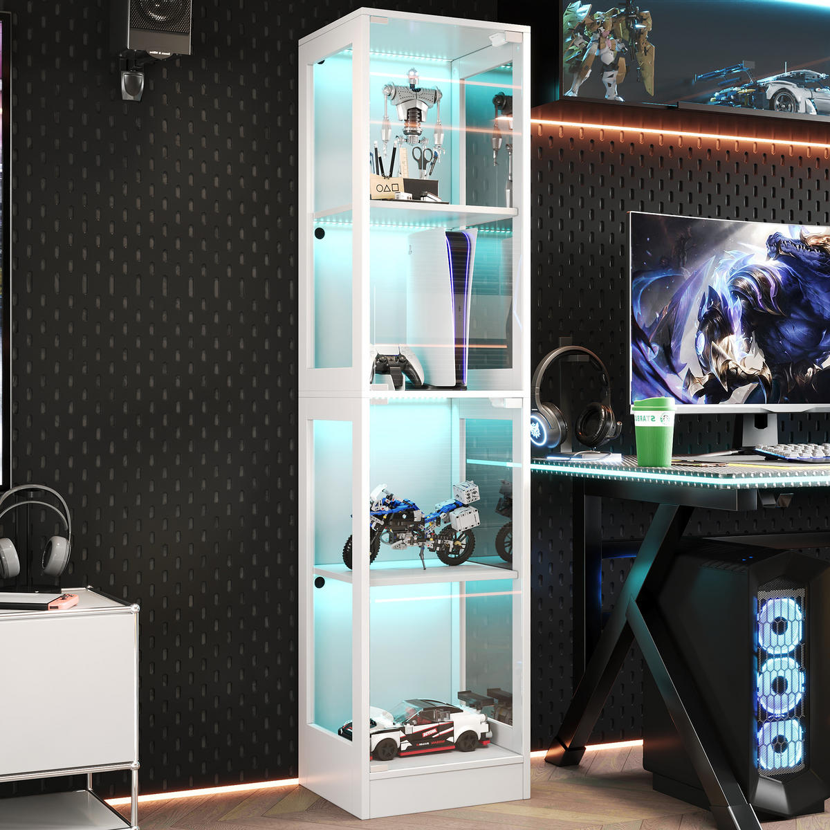 VITRINE Vitrinenschrank mit vier Ebenen Stauraum aus MDF und gehärtetem Glas, platzsparend, modern, Einzeltür Design - Weiß, Glas/Holzwerkstoff (40/170/35cm) - EVRYAE