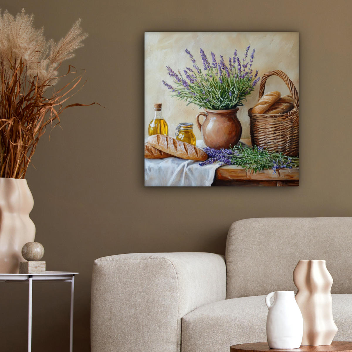 LEINWANDBILD Lavendel - Brot - Stilleben 50x50 cm - Flieder, Textil (50/50cm) - MuchoWow