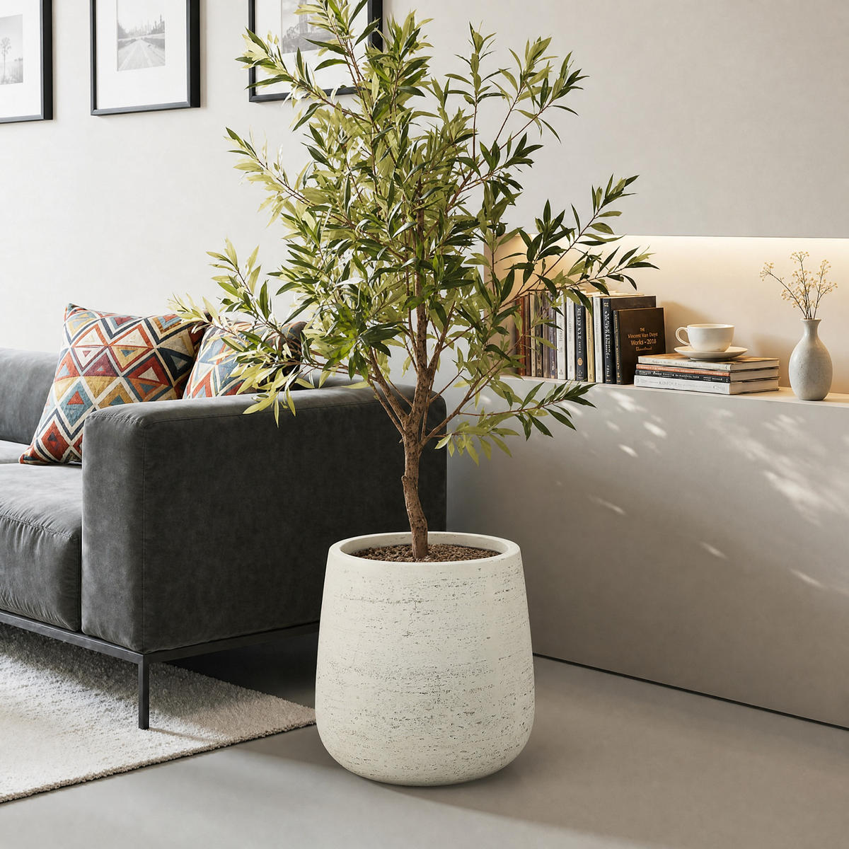 BLUMENTOPF groß & rund mit Ablaufloch, Ø 37 × H 35 cm, Creme - Weiß, Naturmaterialien (36cm) - Hometopia